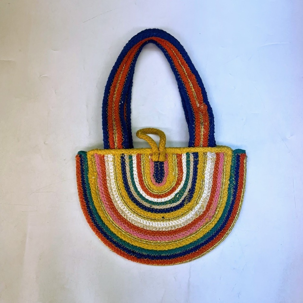 Fabulous MJ New York Rainbow Braided‎ Rope Tote Bag Gold Metallic Toggle Small
